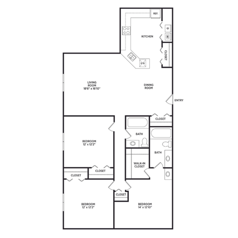 Floor plan for 3 beds, 2 baths, 1297 sqft